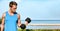 Fitness exercise fit man working out training muscles at gym doing bicep curls with free weight dumbbell banner