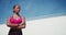 Fitness face and woman outdoor with mindset, attitude or focus on blue sky background. Sports, portrait and confident