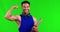 Fitness, flex and man in a studio with green screen standing with a clipboard for workout plan. Sports, muscles and