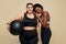 Fitness Friends. Slim And Plus Size Models. Two Different Women In Black Sportswear With Fitness Ball.