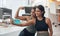 Fitness, friends and strong muscle selfie of women together at home for social media memory or post. Indian sisters or