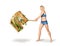 Fitness girl breaks a sandwich with a hammer  on a white background