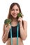 Fitness girl with centimeter ribbon holds in her hand broccoli and pepper on a white isolated background