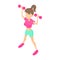 Fitness girl with dumbbells icon, cartoon style