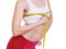 Fitness girl sporty woman measuring her bust size isolated