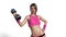 Fitness girl working out with dumbbell, athletic woman exercising with sports equipment on white, 3D illustration