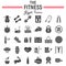 Fitness glyph icon set, sport symbols collection