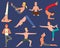 Fitness group yoga man vector doing cobra pose in row at the yoga class. Lifestyle male body yoga man flat character