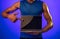 Fitness Guy Showing Laptop Empty Screen On Blue Background, Cropped