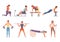 Fitness in gym set. Female character shakes triceps dumbbells squeezes out from fitness ball training biceps expander