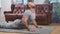 Fitness and healthy lifestyle concept, man lay on the floor, pulls back