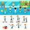 Fitness infographic elements flat vector illustration, horizontal banners design. Group of people exercising in the gym