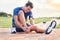 Fitness, injury and foot pain with man in park for muscle spasm, inflammation and joint problem. Running, workout and