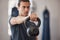 Fitness, kettlebell and bodybuilder with man in gym for training, workout and endurance. Health, exercise and