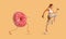 Fitness Lady Running Away From Donut Exercising On Beige Background