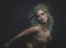 Fitness Latin woman with green hair and gold costume with handmade flourishes, fantasy image and tale