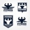 Fitness logo emblems in retro style graphic design (wings and muscle blue-black tone)
