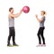 Fitness, man and woman with gym ball with coaching in exercise, body wellness and support. Sports workout, girl and