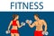 Fitness with muscled man and woman silhouettes. Man and woman holds dumbbells. Vector illustration