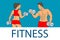 Fitness with muscled man and woman silhouettes. Man and woman holds dumbbells. Vector illustration