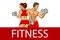 Fitness with muscled man and woman silhouettes. Man and woman holds dumbbells. Vector illustration