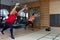 Fitness parners in sportswear doing exercises at gym. Fitness sport gym concept