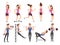 Fitness people vector cartoon characters set. Women and men athletes make exercises with sports equipment