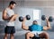 Fitness, personal trainer and weightlifting dumbbells for sports training or exercise for competition at the gym. Coach