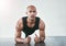 Fitness, plank and black man in gym for exercise, training and wellness for healthy lifestyle. Sports, male person and