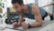 Fitness, plank and online home exercise of man with strong body, focus mind and balance for laptop training workout