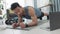 Fitness, plank and virtual home exercise of man with strong body, focus mind and balance for laptop training workout