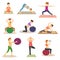 Fitness pregnancy vector pregnant woman character does yoga or exercises with fitball illustration set of expecting