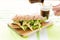 Fitness sandwich with avocado and cheese and black coffee