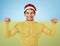 Fitness Santa Claus , stand with yellow banner and smile