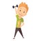 Fitness sport. Boy lifting weight and making gymnastic exercises. Funny cartoon colorful character. Cute gymnastics for