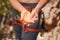 Fitness, sport and hand injury overlay of woman during training, hiking and exercise outdoor in nature. CGI of