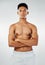 Fitness, sports and portrait of shirtless man with body positive mindset, motivation for healthy lifestyle in Brazil