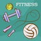 Fitness and sports set. Tennis and soccer balls, dumbbell and skipping rope. Vector illustrations in cartoon style for weight loss