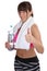 Fitness sports woman drinking water showing thumbs up isolated