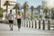 Fitness, teamwork or mockup with a runner couple on the promenade for cardio or endurance from the back. Exercise