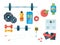 Fitness top view. Sport equipment for training gym clothes dumbbells scales vector flat pictures