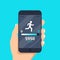 Fitness tracking app on mobile phone screen illustration flat cartoon style, smartphone with run tracker