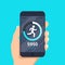 Fitness tracking app on mobile phone screen vector illustration flat cartoon style, smartphone with run tracker