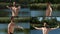 fitness trainer doing yoga by the lake. collage,multiscreen.the concept of exercises for the arms and back: sport