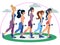 Fitness trainer, five women. Exercise or properly posture flat. In minimalist style. Cartoon Vector