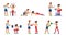 Fitness trainer. Gymnastics exercising in gym with instructor, active sport woman, athletic training men jogging