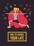 Fitness typographic poster. Time to change your life. Slim girl doing exercises. Motivational and inspirational illustration. Flat