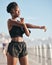 Fitness, vision and stretching with a black woman runner outdoor on a blurred background for cardio or endurance