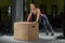 Fitness woman doing push-ups on crossfit box in gym. Athletic girl workout