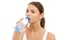 Fitness, woman or drinking water in studio for exercise break, energy or detox for healthy recovery on white background